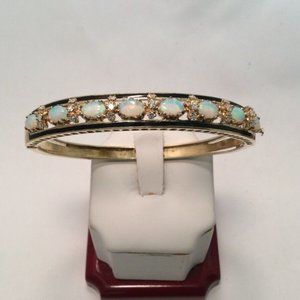 14K YELLOW Real Solid GOLD Opal Daimond BANGLE  Bracelet 22gr  7''  .35ct